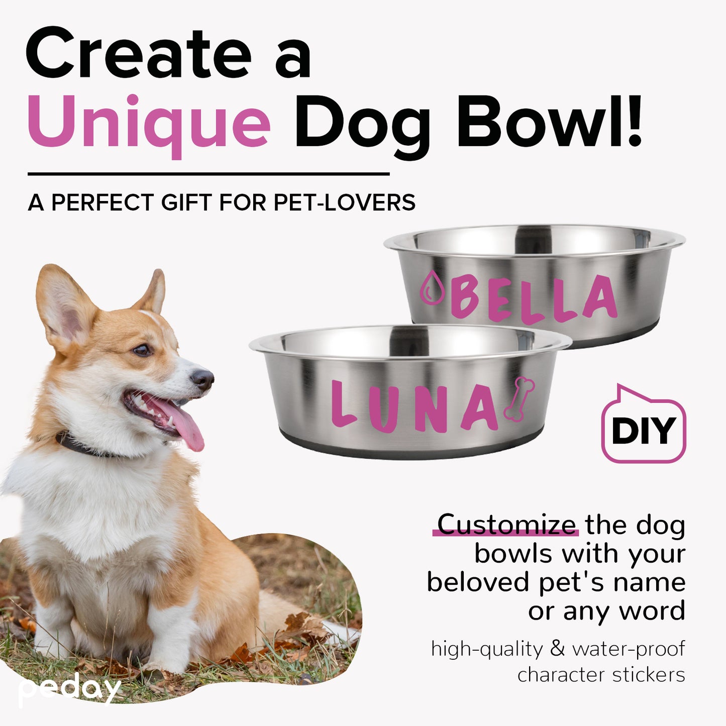 PEDAY Personalized Dog Bowl | Capital-Letter Stickers for DIY